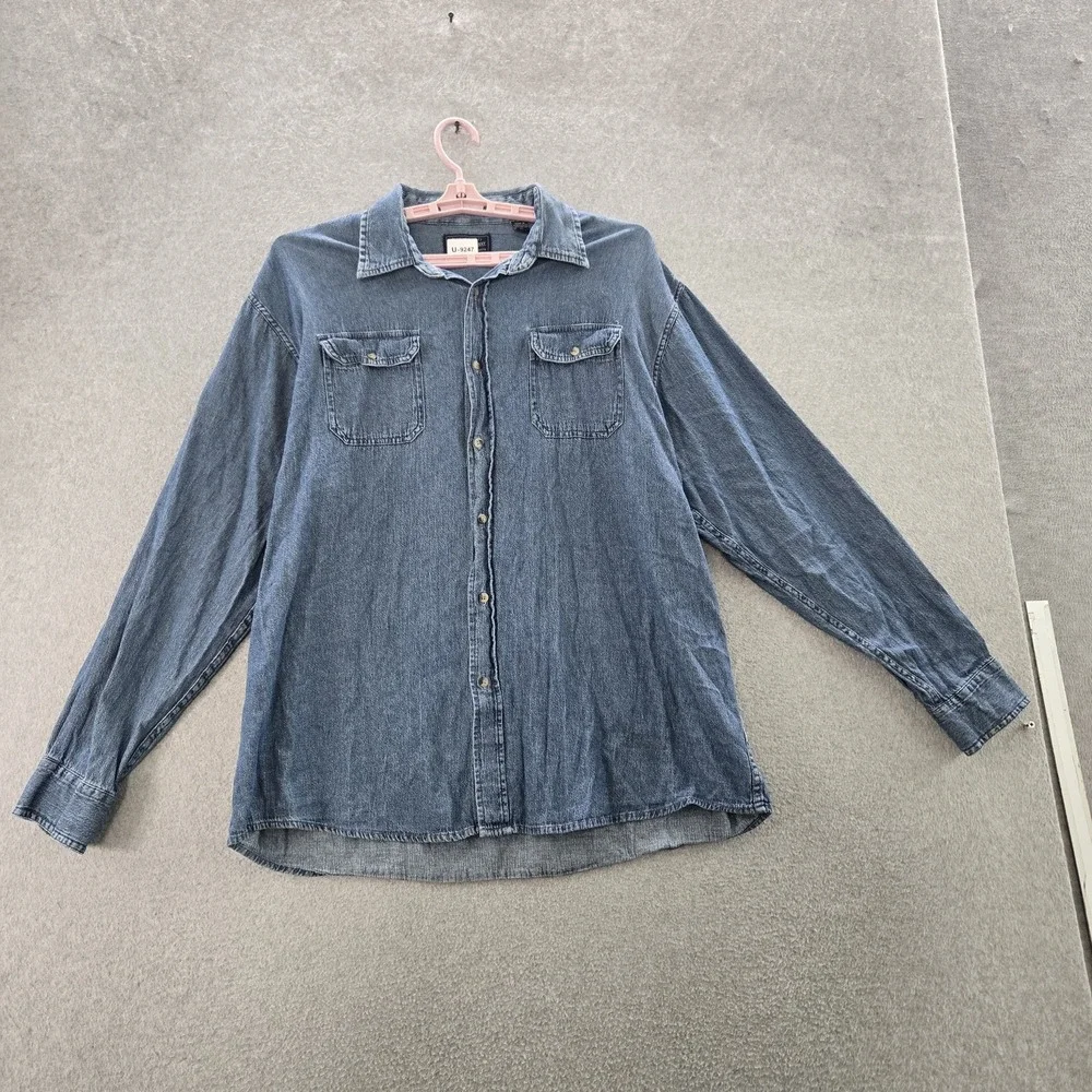 Wrangler Men Button‎ Up Shirt XL Blue Denim Western Long Sleeve
